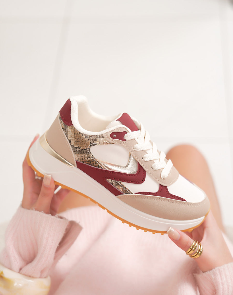 Basket femme beige avec empiècement bordeaux croco et doré