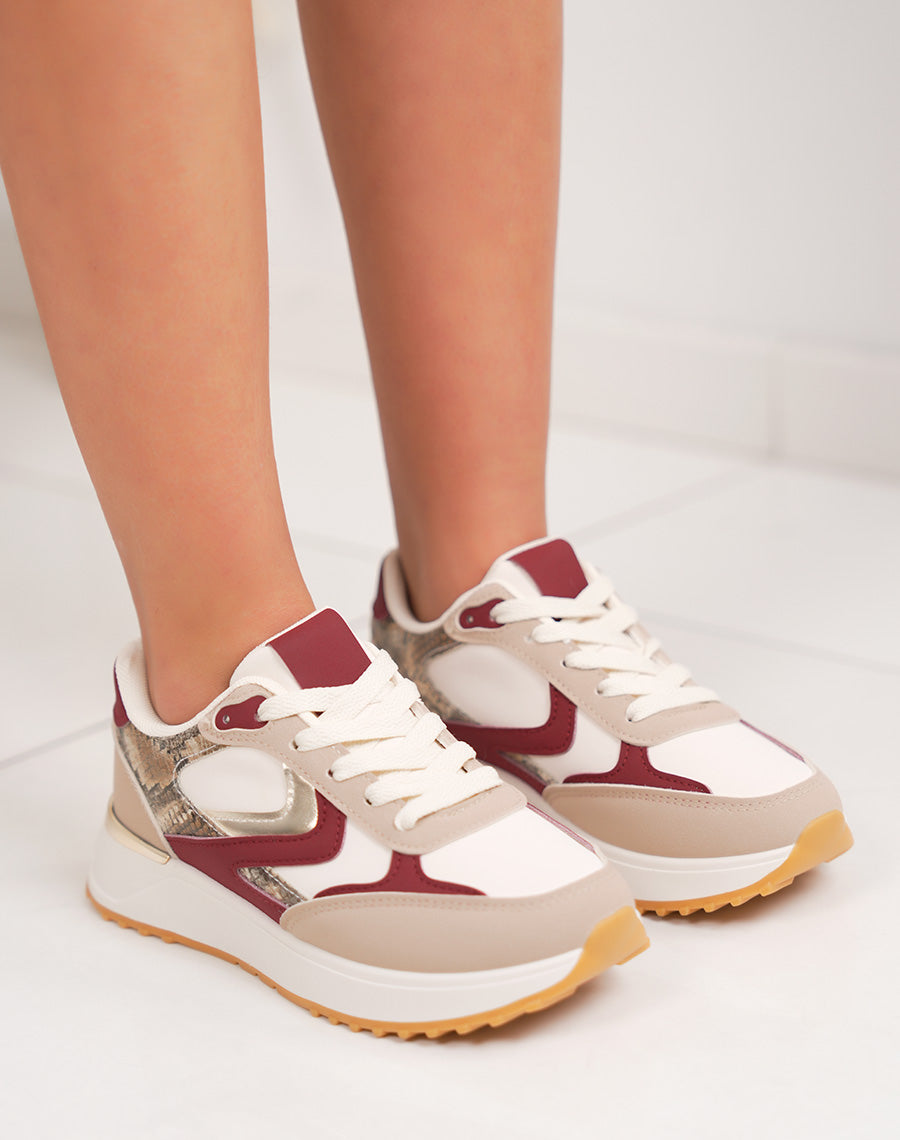 Basket femme beige avec empiècement bordeaux croco et doré