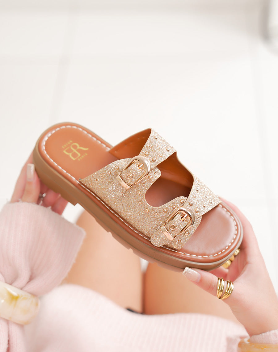 Mules femme dorées à paillettes avec semelle crantée