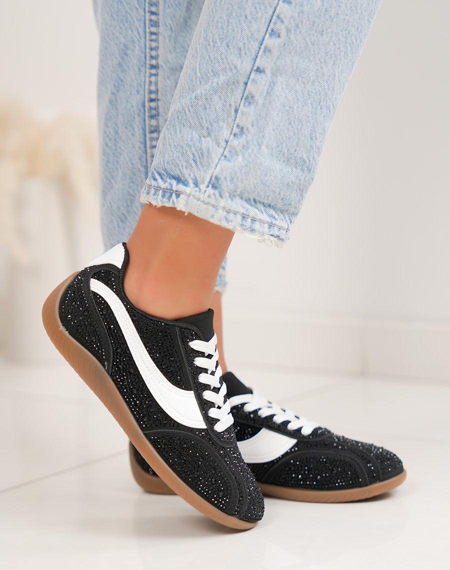 Basket femme noire avec strass et empiècement blanc
