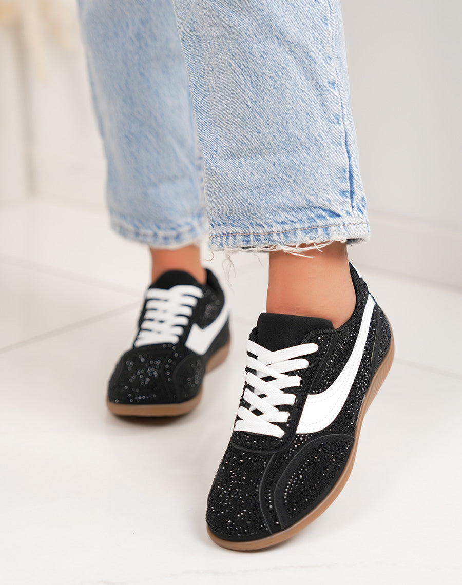 Basket femme noire avec strass et empiècement blanc