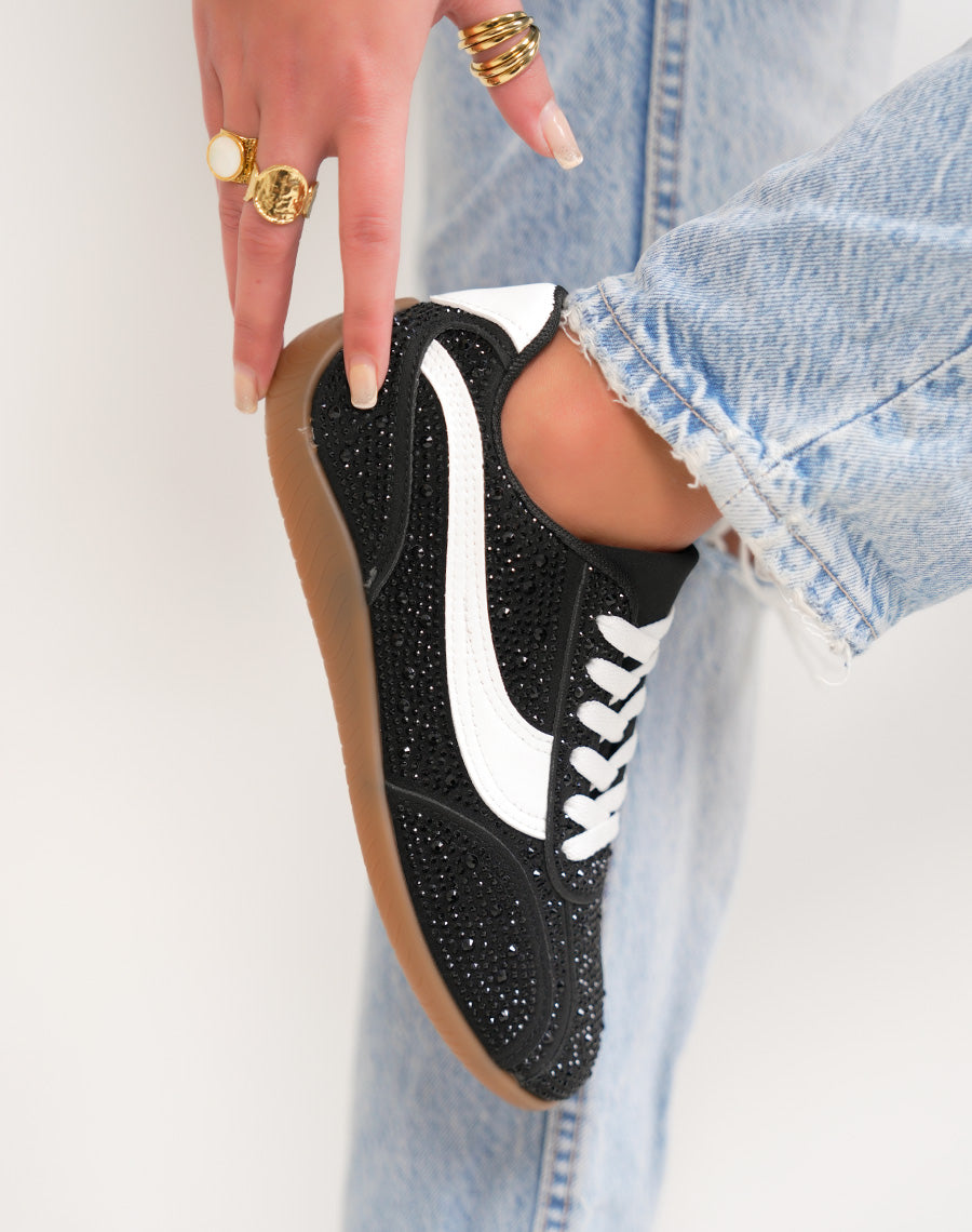 Basket femme noire avec strass et empiècement blanc