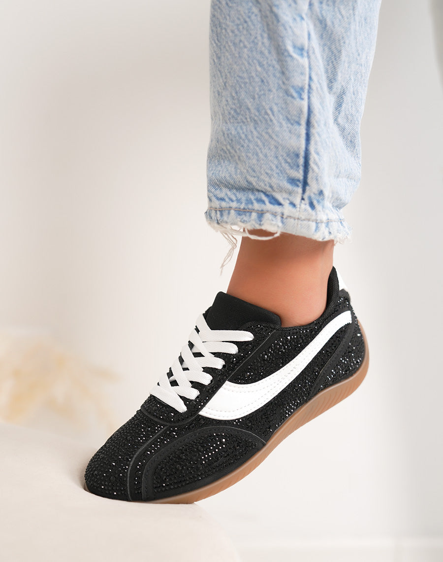 Basket femme noire avec strass et empiècement blanc