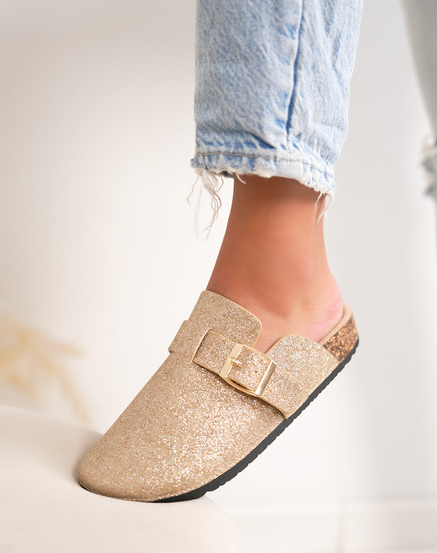 Mules femme dorées pailletées avec boucle dorée