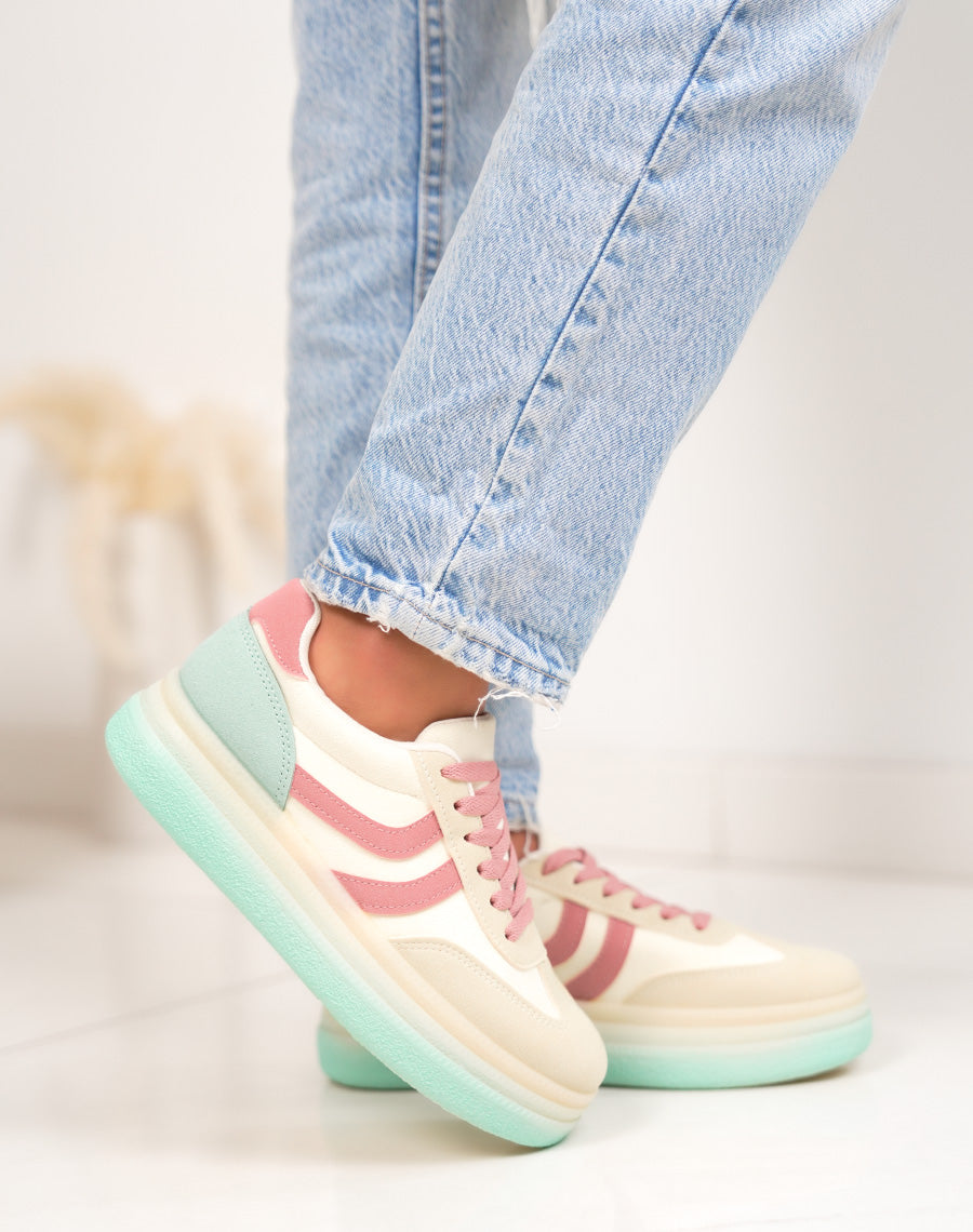 Basket femme jaune pastel tendance à plateforme avec empiècements rose et vert