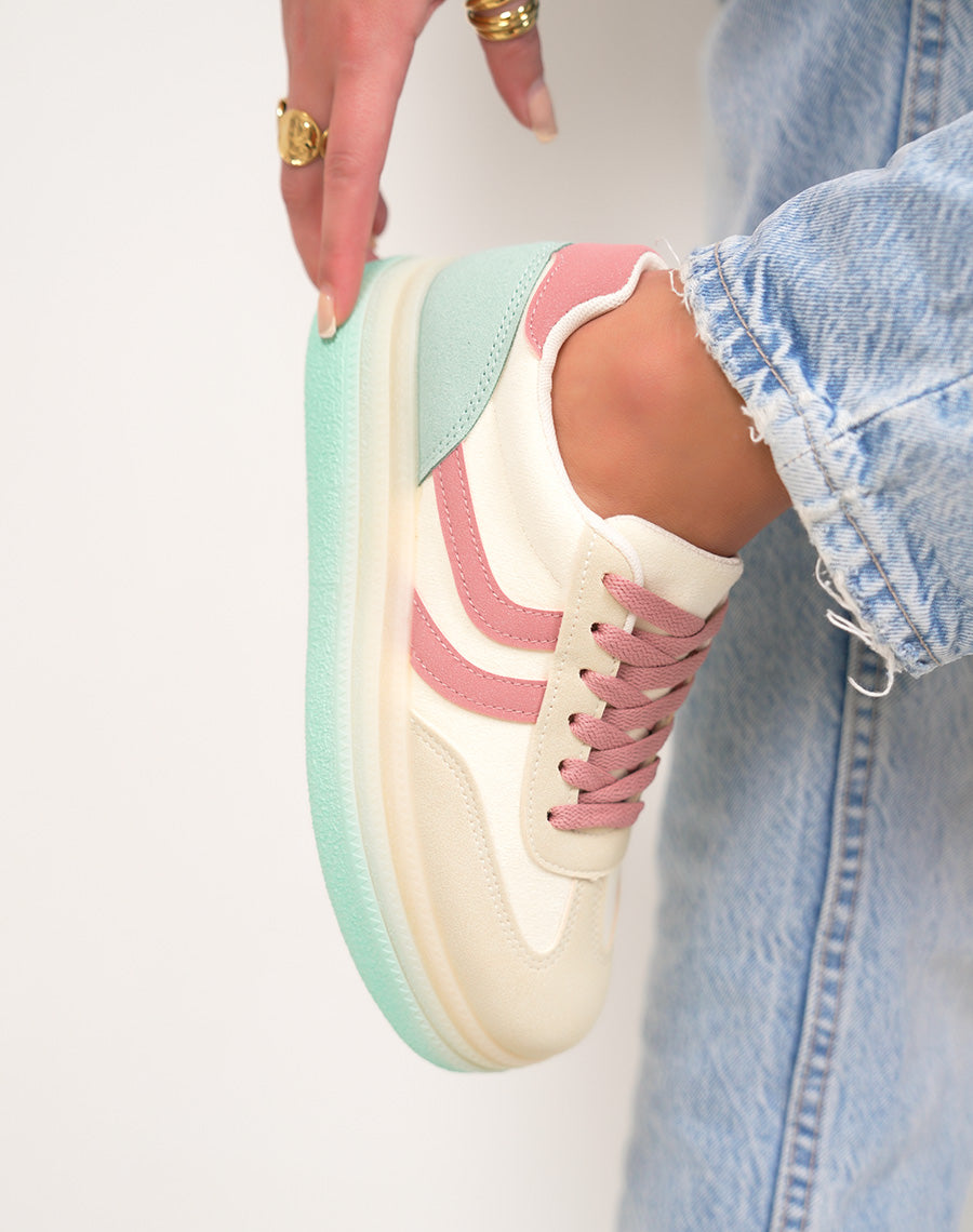 Basket femme jaune pastel tendance à plateforme avec empiècements rose et vert