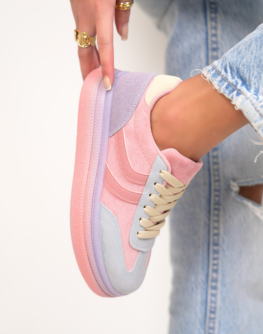 Basket femme rose pastel tendance à plateforme avec empiècements multicolores