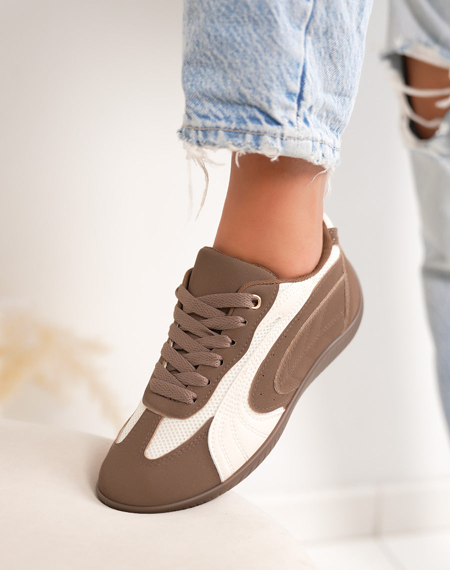 Basket femme marron tendance empiècements beige clair