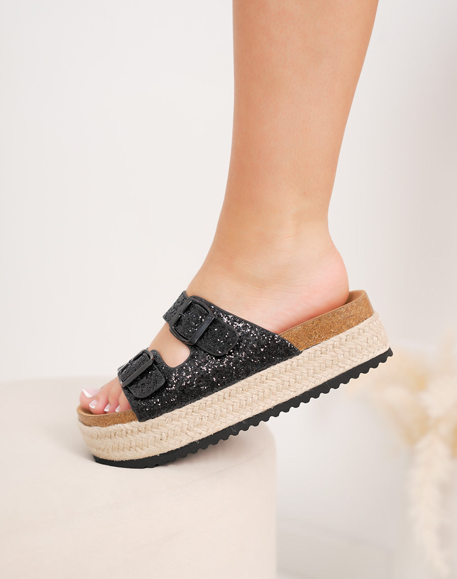 Mules femme noires pailletées FINDLAY à double sangle avec plateforme tressée 4 cm