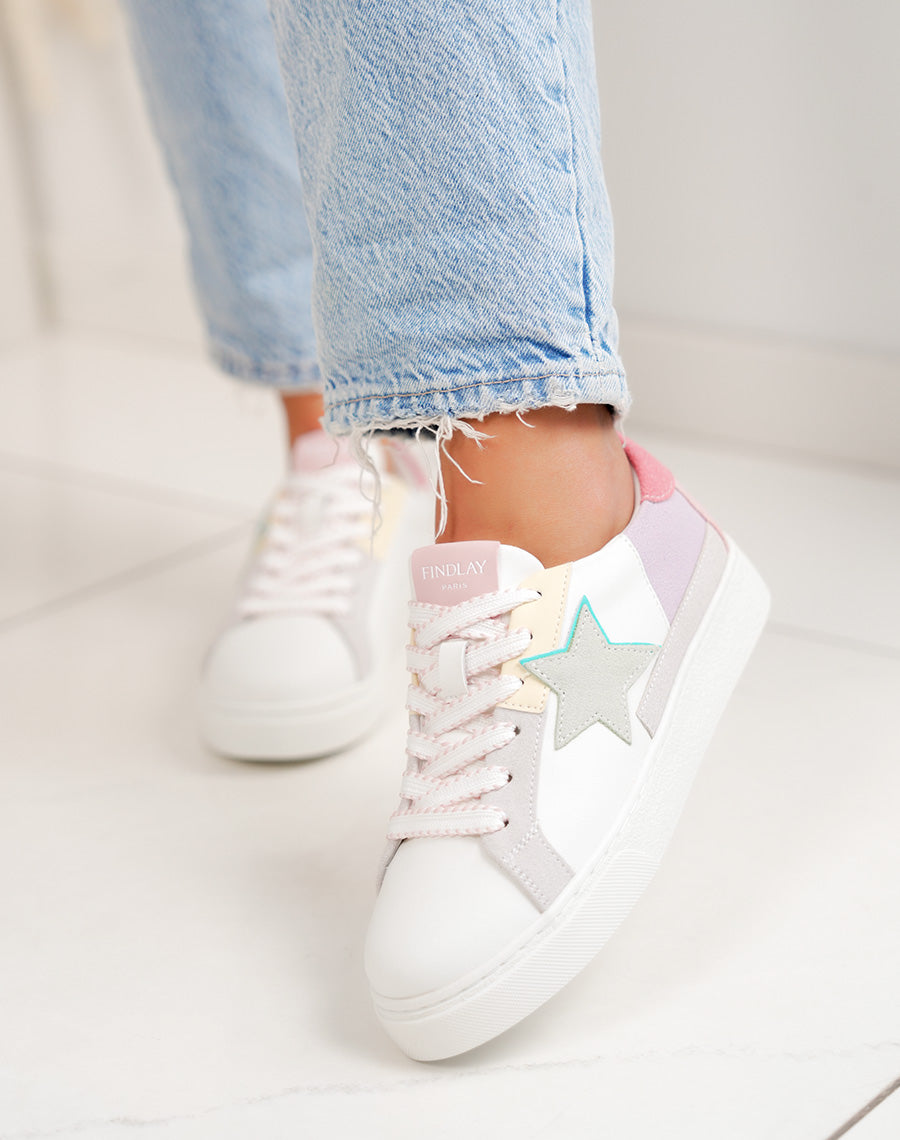 Basket femme blanche tendance pastel à empiècements colorés avec lacets rose et blanc