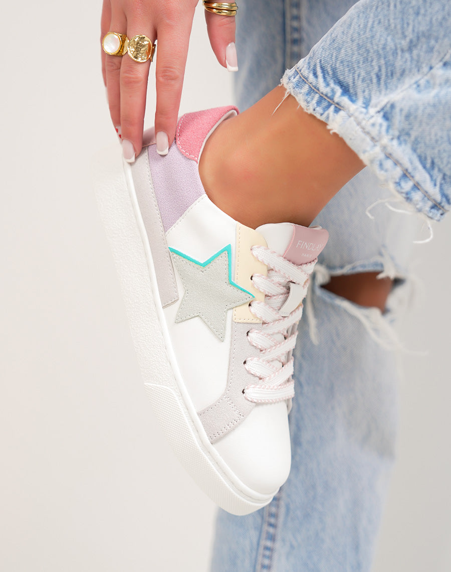 Basket femme blanche tendance pastel à empiècements colorés avec lacets rose et blanc