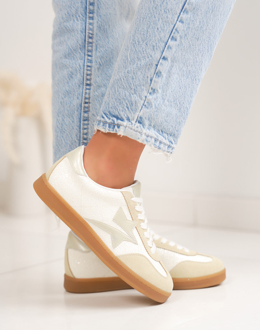 Basket femme jaune pailletée tendance avec empiècements jaune et doré