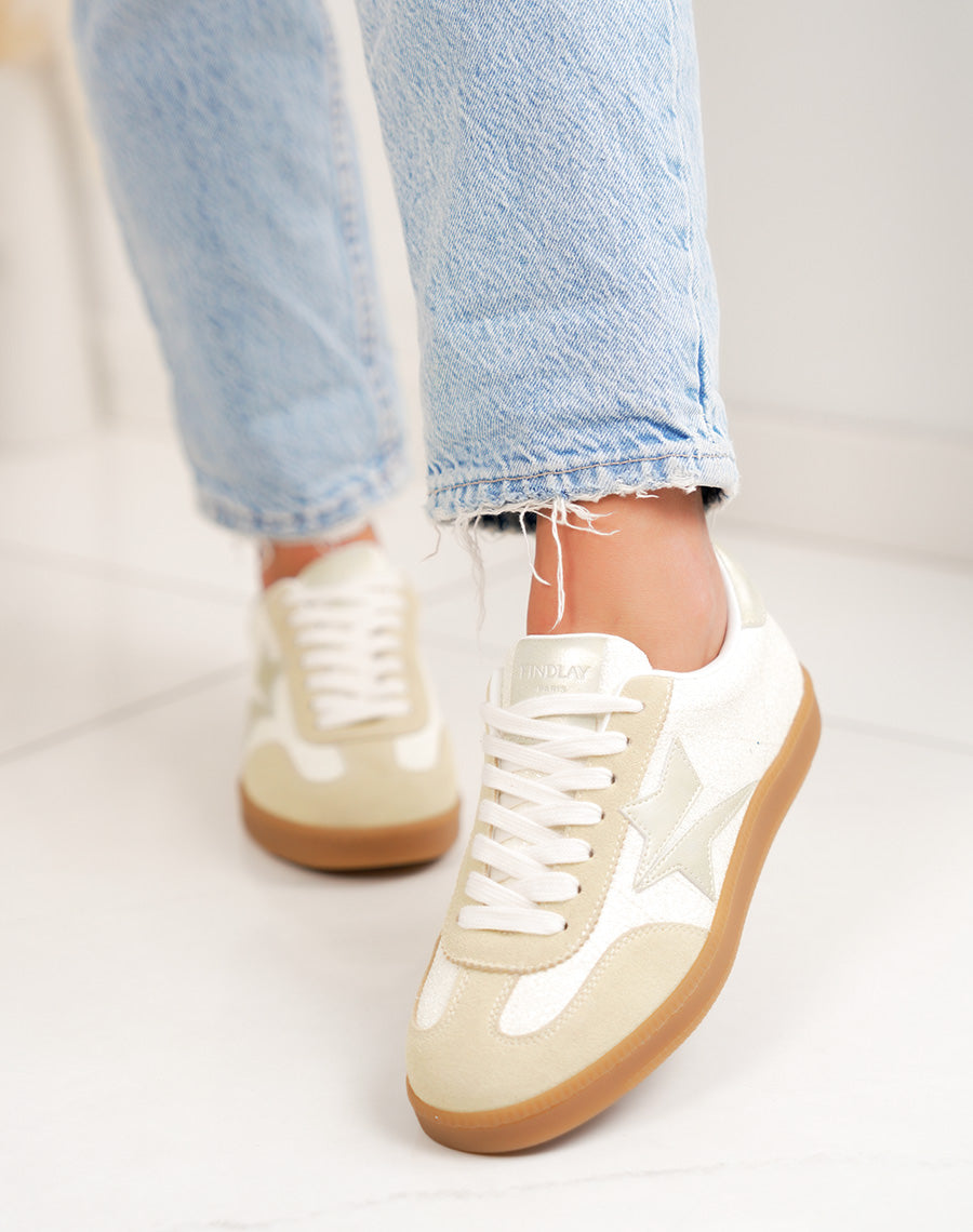 Basket femme jaune pailletée tendance avec empiècements jaune et doré