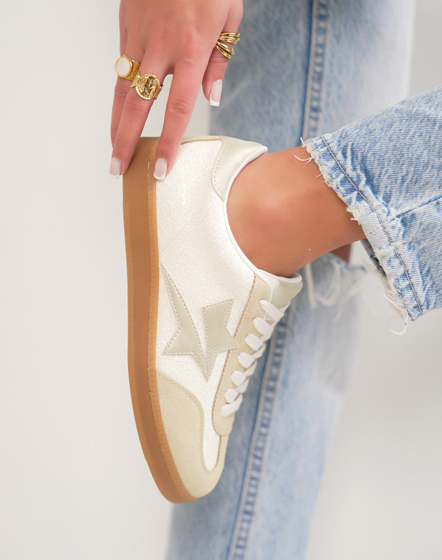 Basket femme jaune pailletée tendance avec empiècements jaune et doré