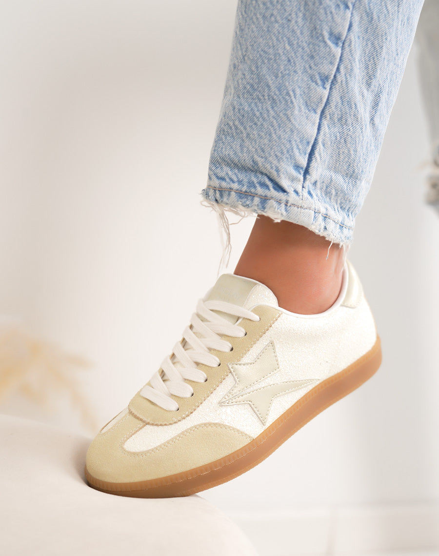 Basket femme jaune pailletée tendance avec empiècements jaune et doré