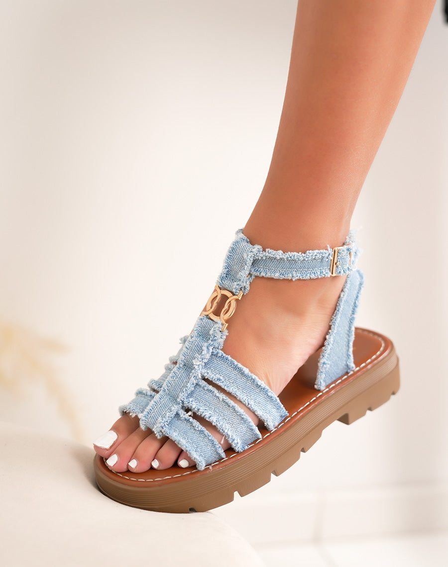 Sandales femme jean avec bijou doré et semelle crantée marron épaisse