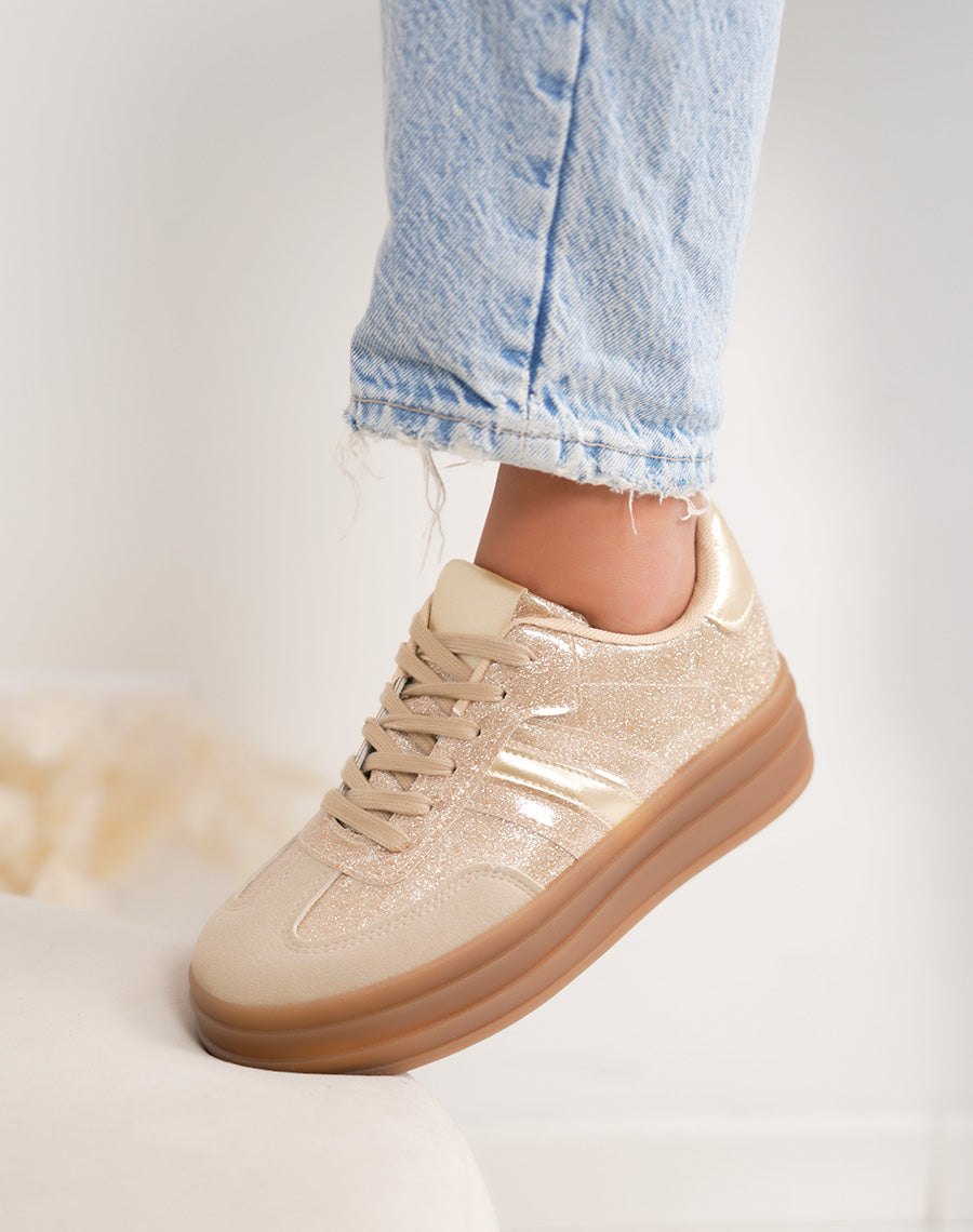 Basket femme dorée tendance à paillettes avec semelle plateforme épaisse