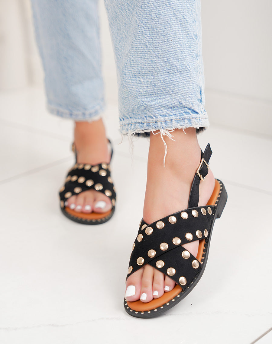Sandales femme noires plates élégantes en suédine avec clous dorés et bride cheville