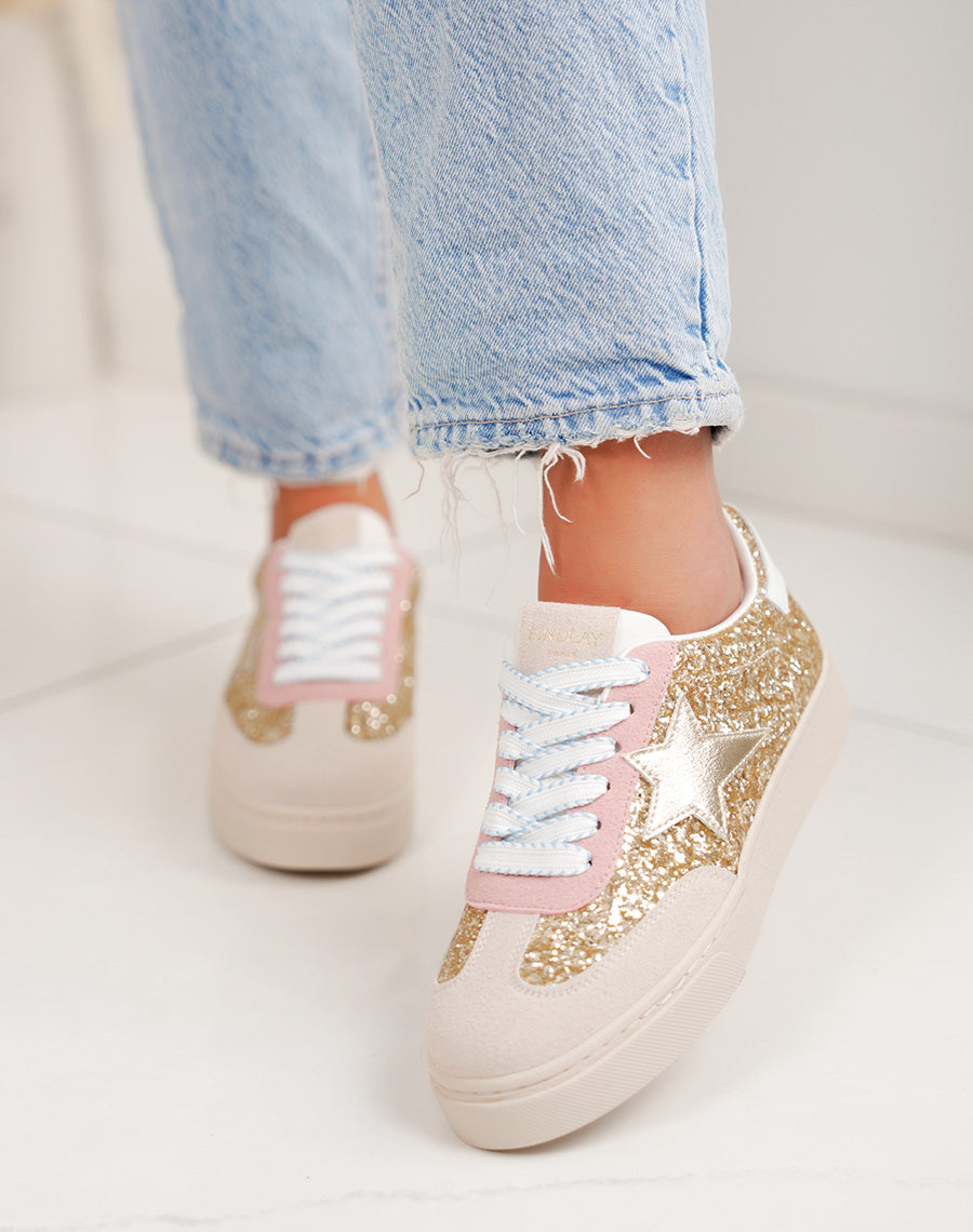 Basket femme dorée pailletée tendance avec étoile et lacets bleu pastel