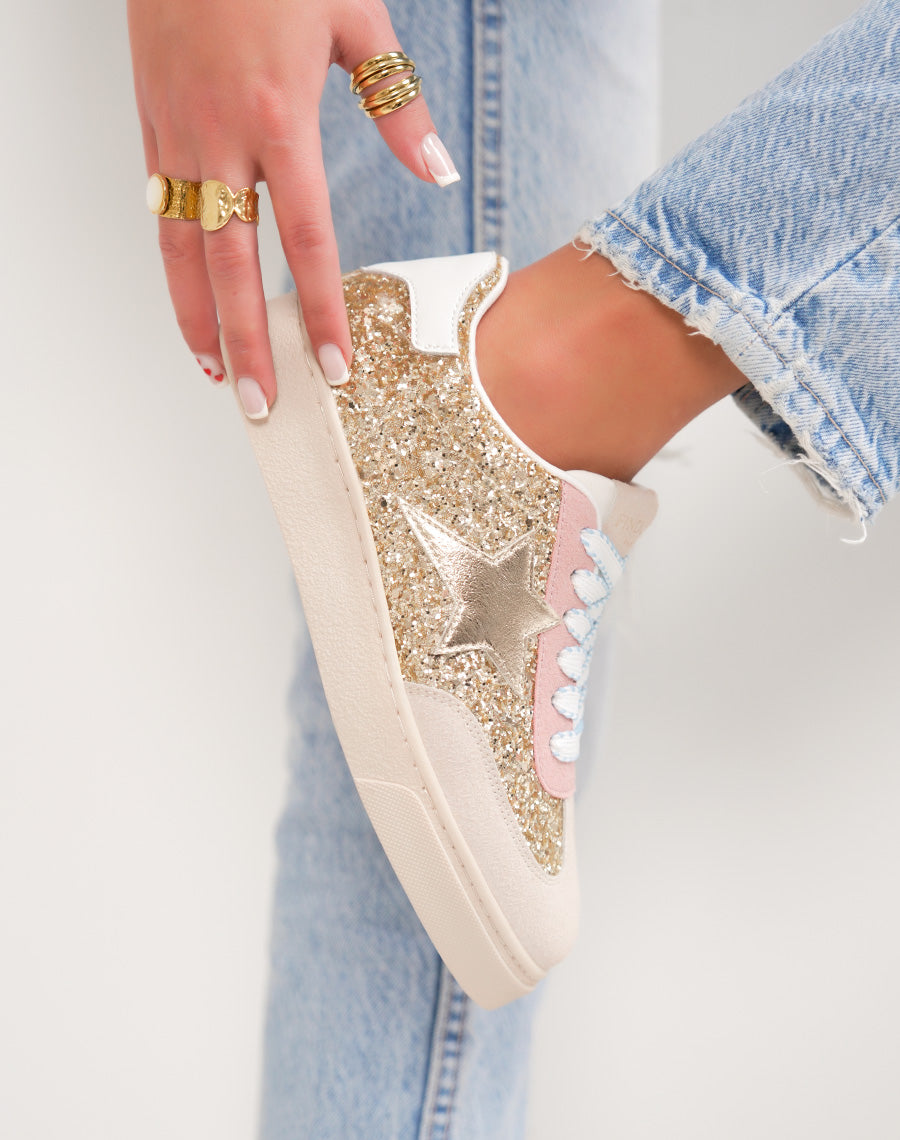 Basket femme dorée pailletée tendance avec étoile et lacets bleu pastel