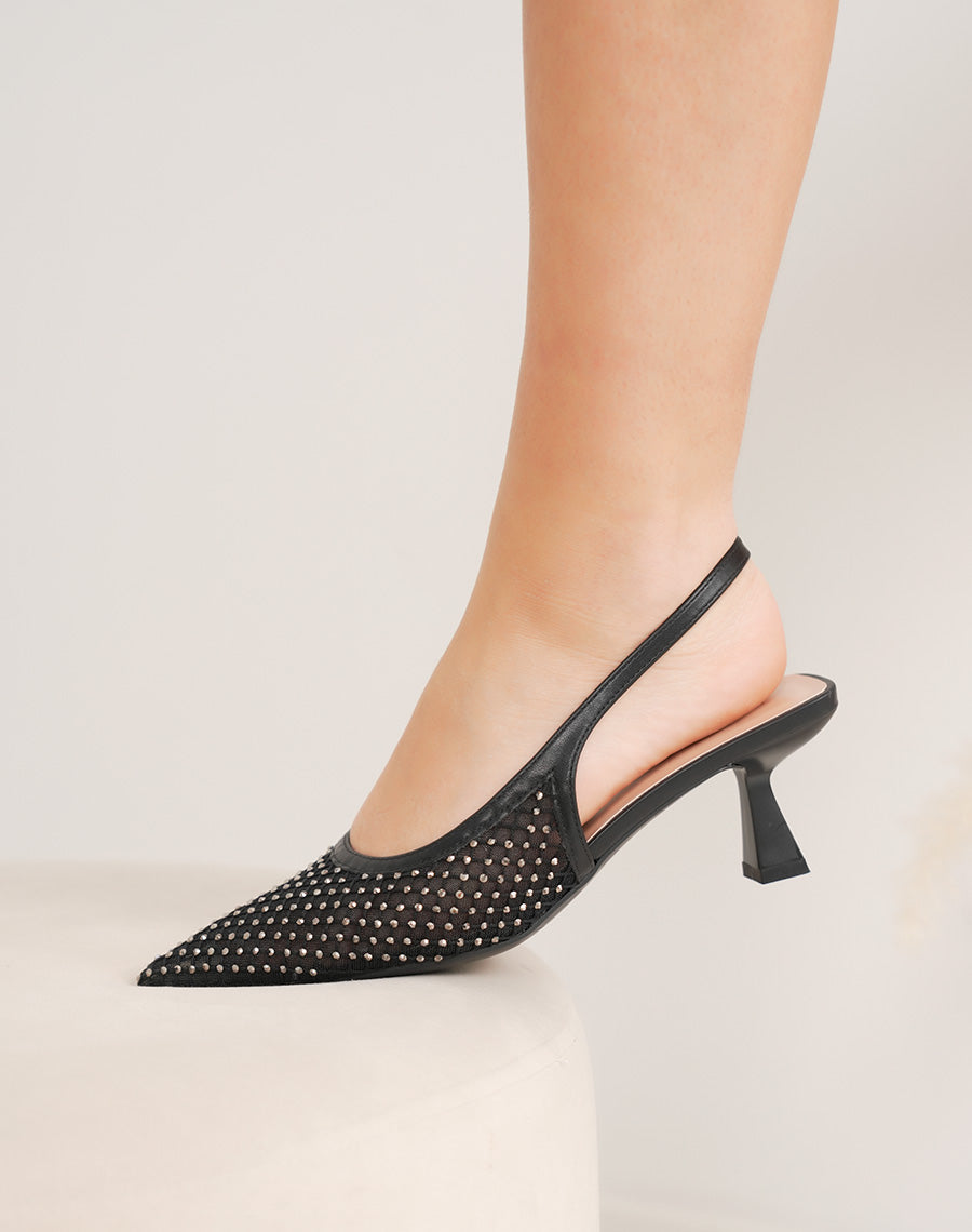 Escarpins femme noirs transparents à strass et petit talon avec lanière arrière