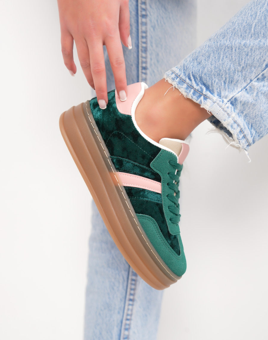 Basket femme verte tendance à plateforme en velours avec empiècement rose clair