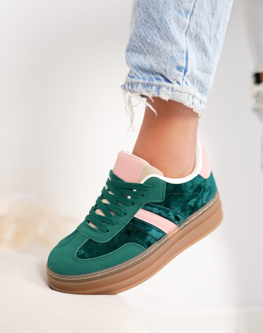 Basket femme verte tendance à plateforme en velours avec empiècement rose clair