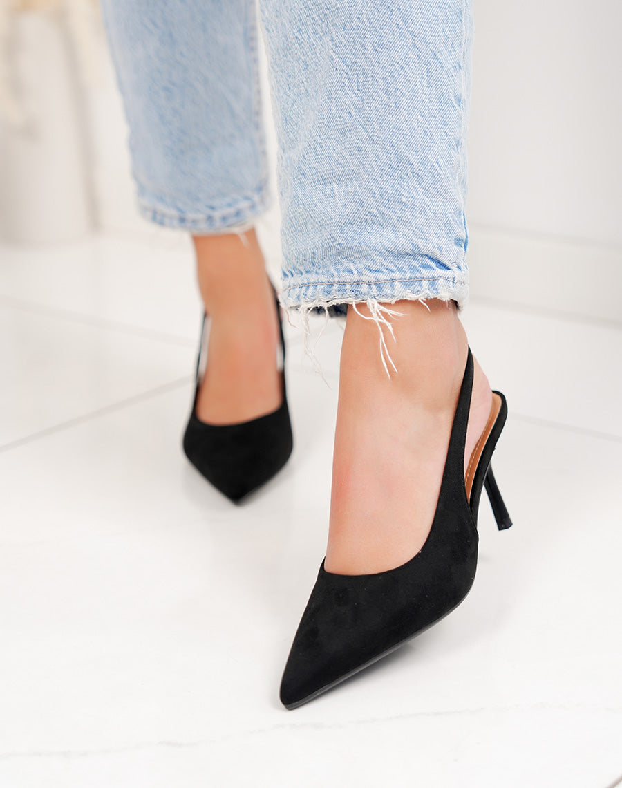 Escarpin femme noir élégant en suédine avec lanière arrière raffinée