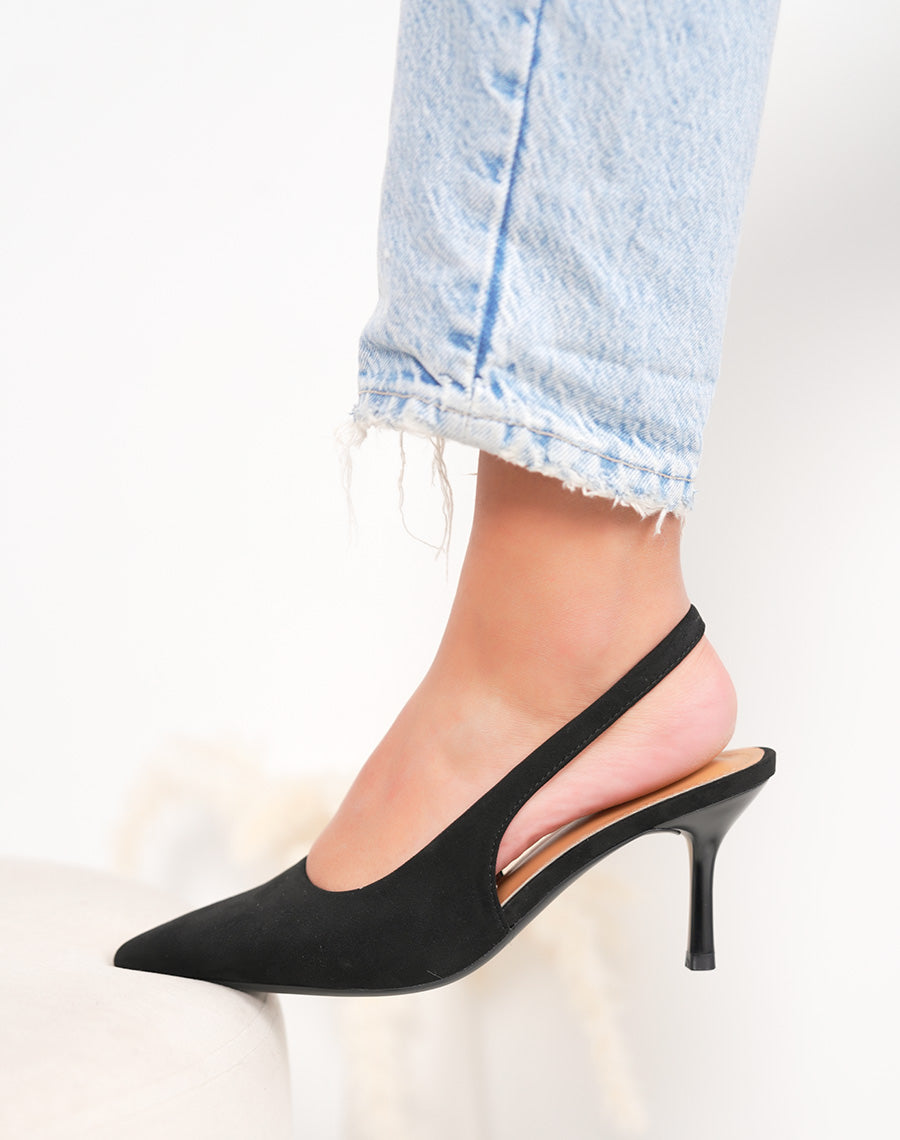 Escarpin femme noir élégant en suédine avec lanière arrière raffinée