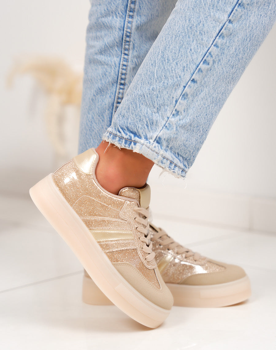 Basket femme dorée pailletée tendance à plateforme élégante et lumineuse