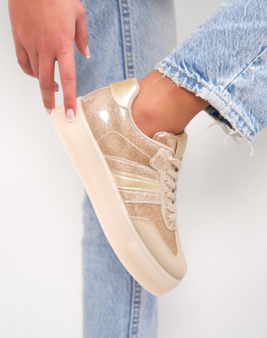 Basket femme dorée pailletée tendance à plateforme élégante et lumineuse