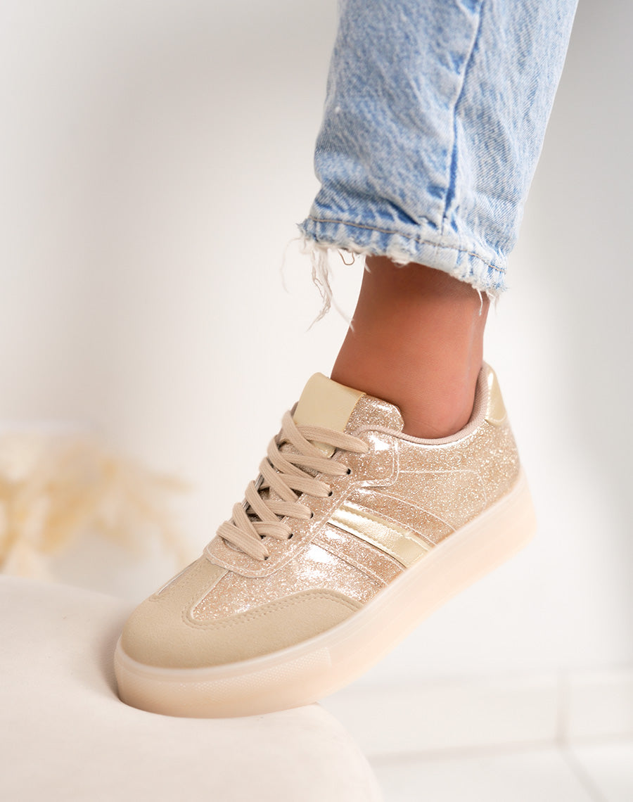 Basket femme dorée pailletée tendance à plateforme élégante et lumineuse