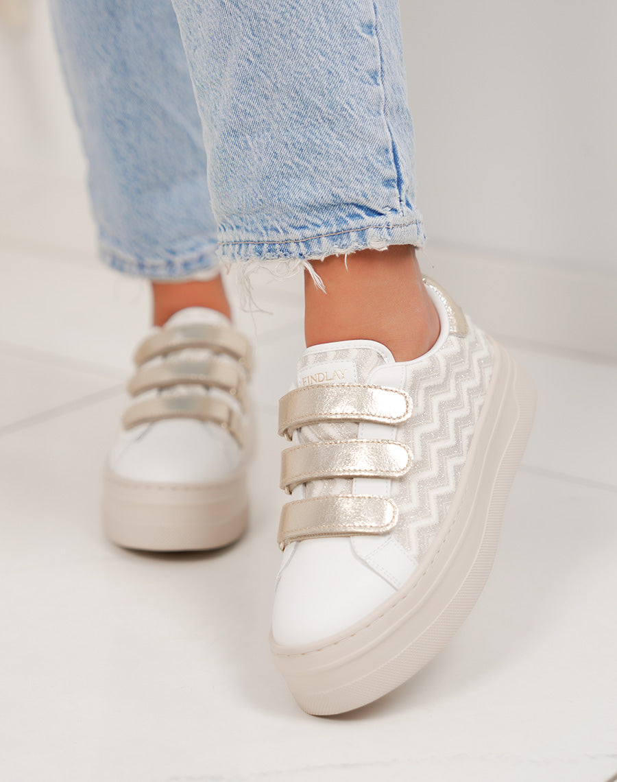 Basket femme blanche tendance à scratch doré et plate-forme