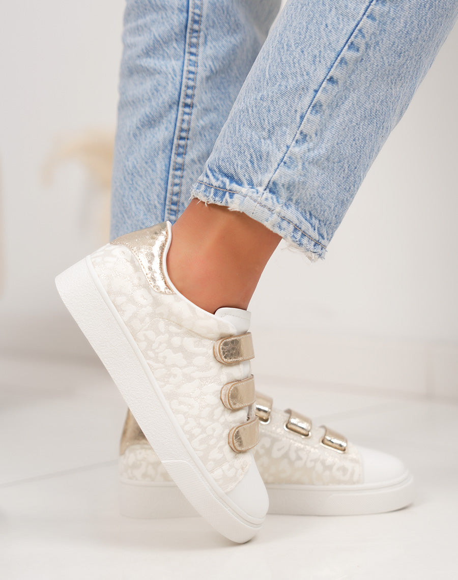 Basket femme blanche tendance à scratch léopard doré et détail brillant