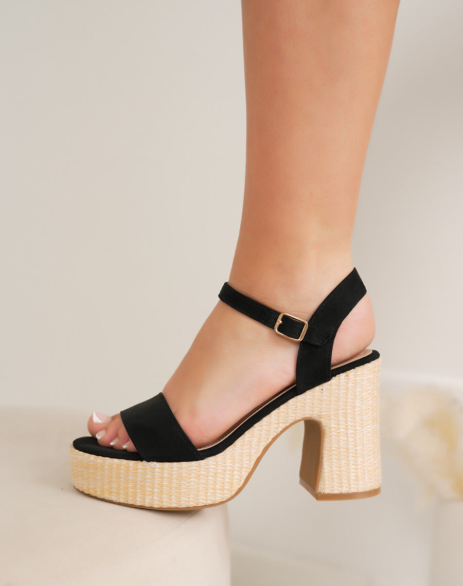 Sandales femme noires en suédine à talon carré effet tissé