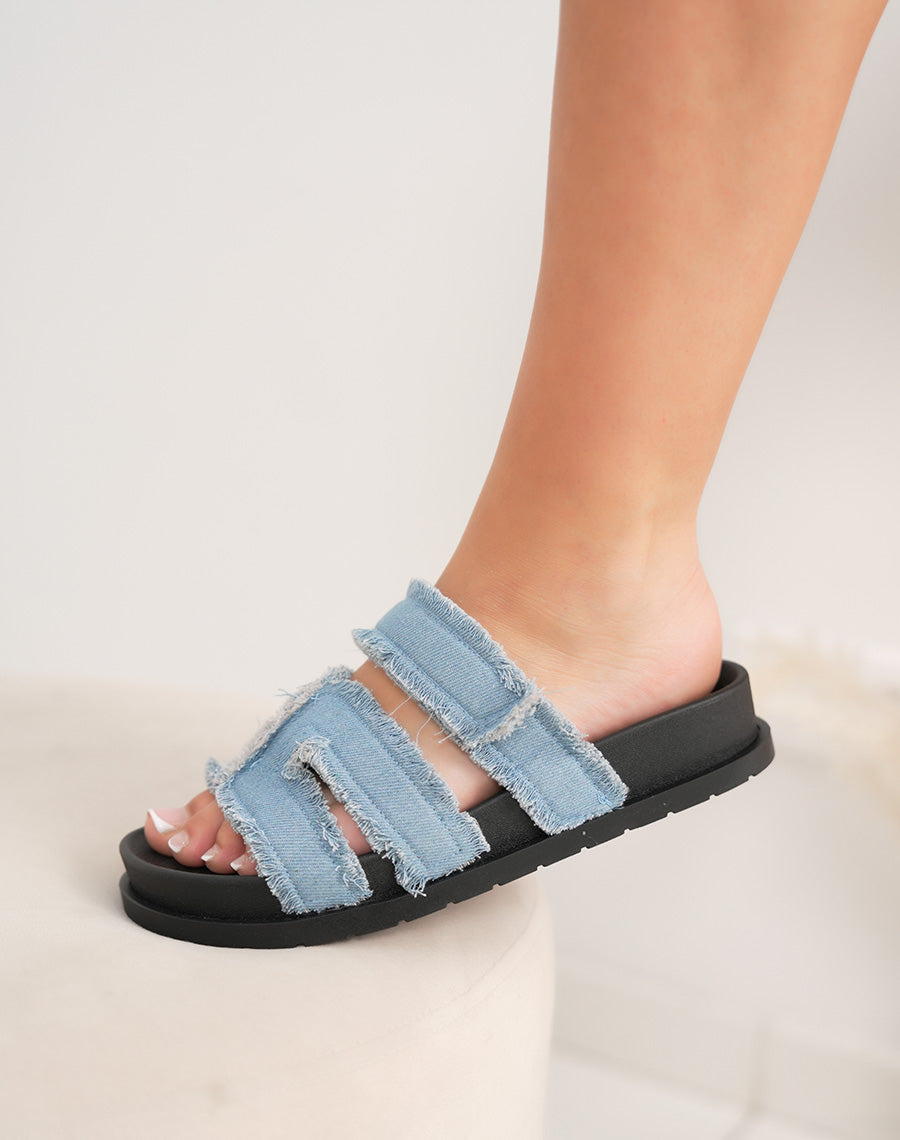 Mules femme en jean tendance à brides en H effet déchiré et scratchs confortables