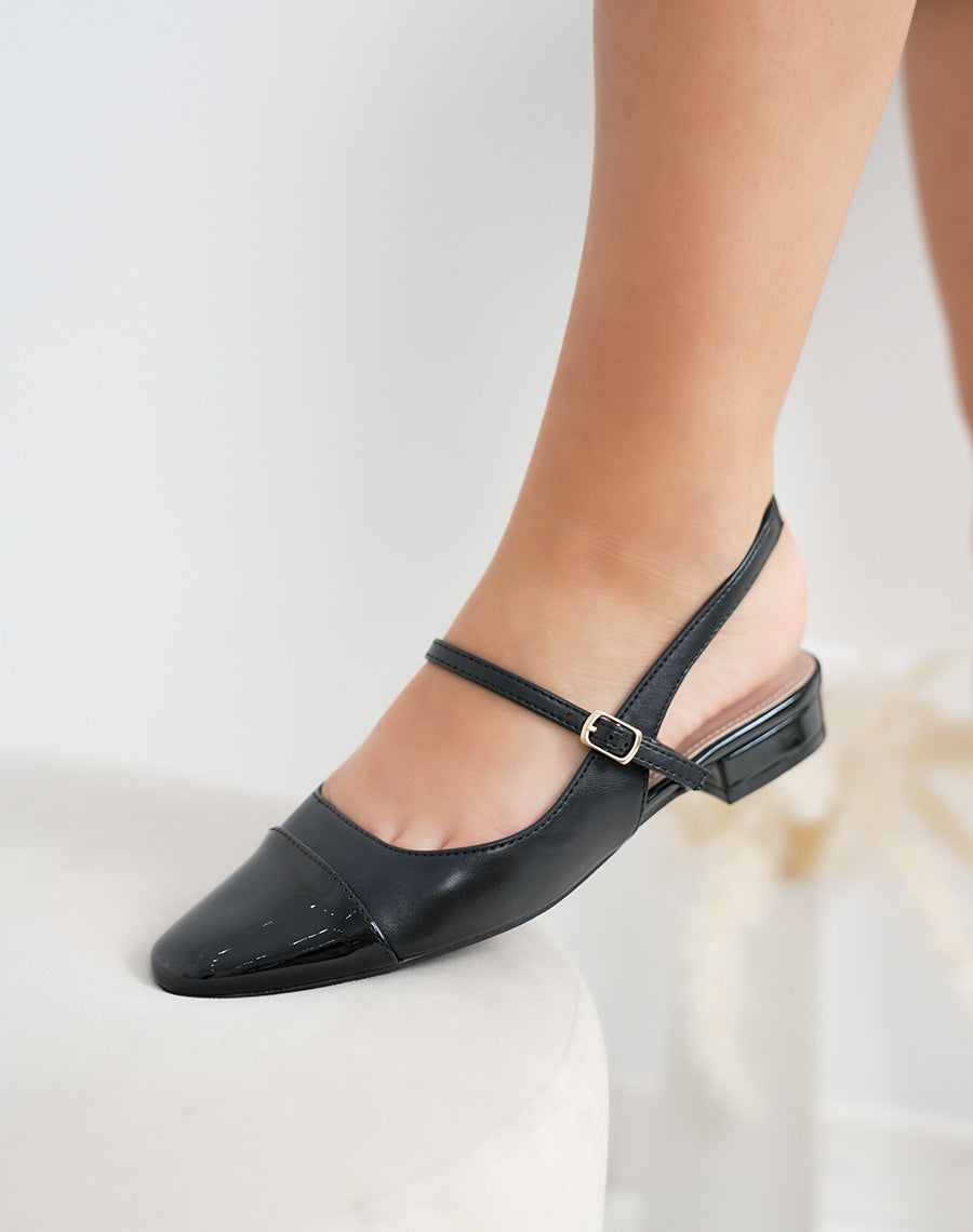 Escarpins femme noirs élégants à bout carré vernis et petit talon