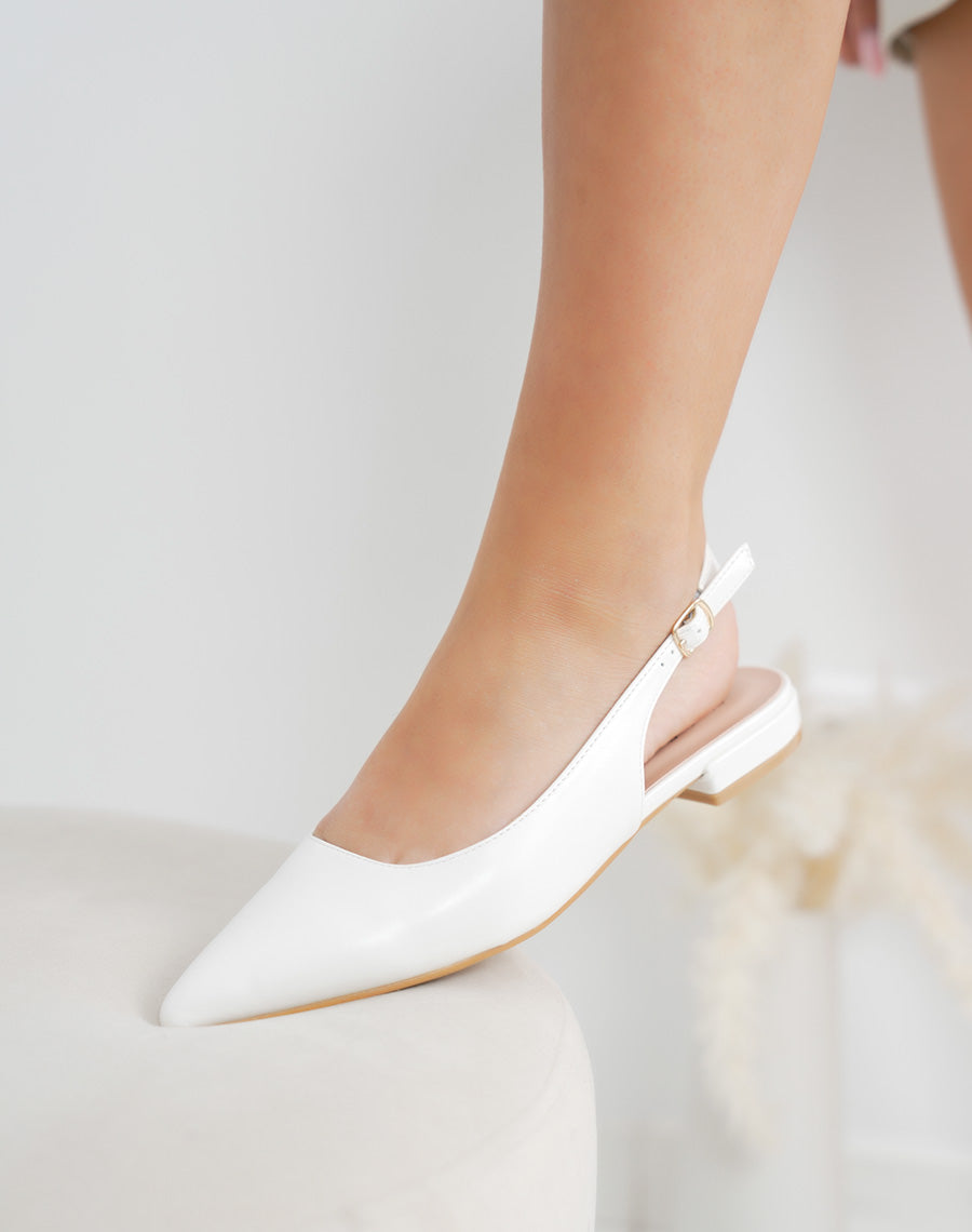 Escarpins femme blancs mats plats à bout pointu avec lanière ajustable