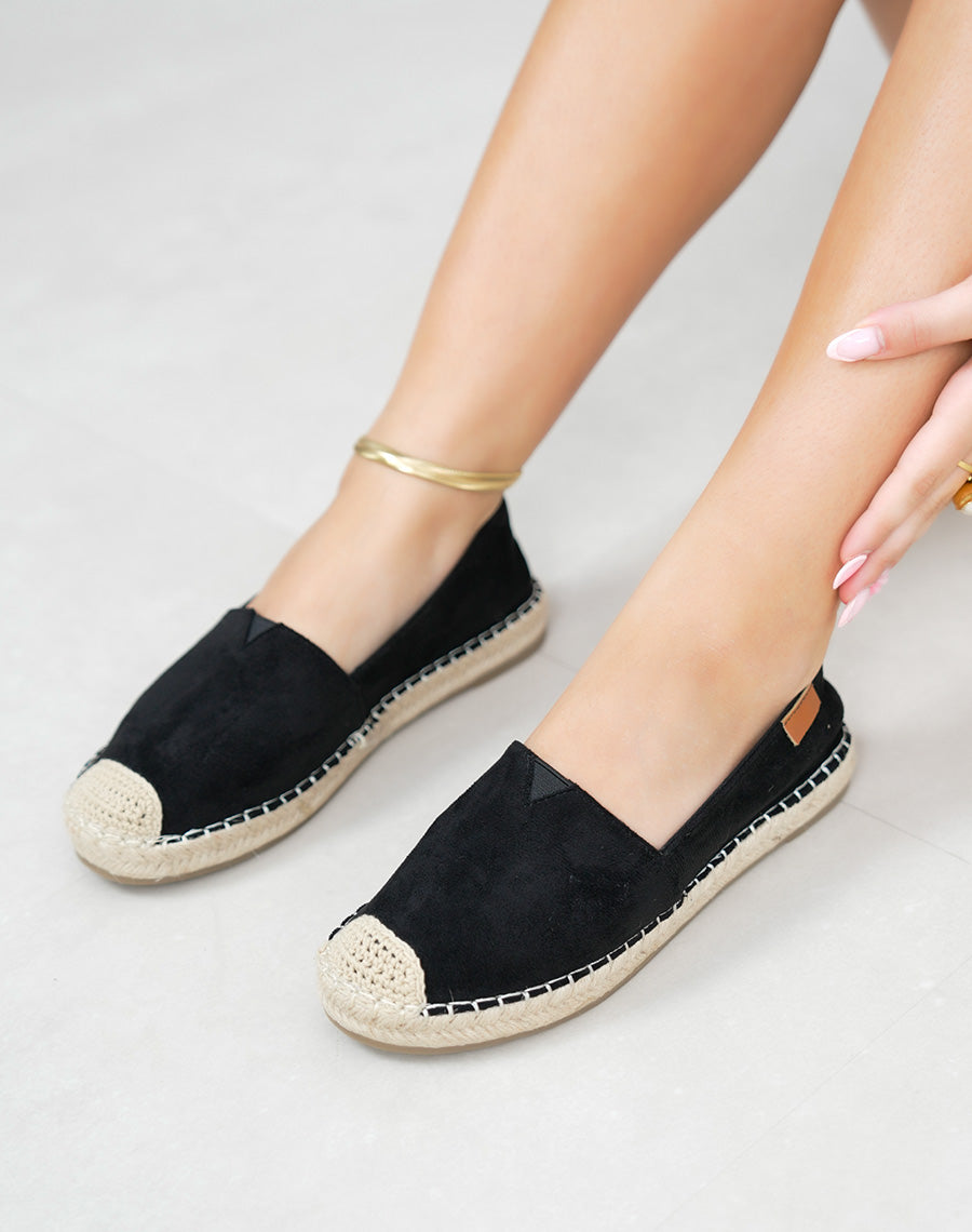 Espadrilles femme noires tendance en suédine avec bout corde tressée