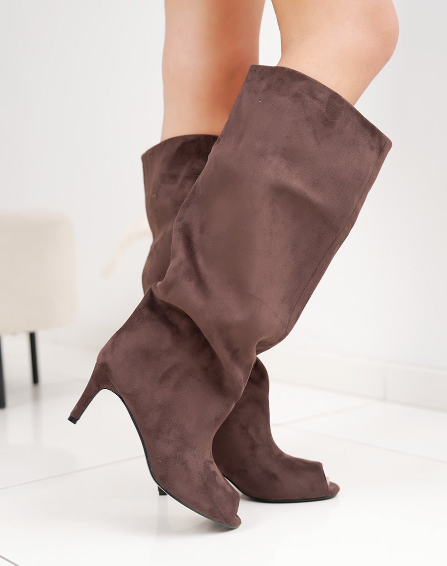 Bottes marron femme en suédine à talon aiguille – Bout ouvert tendance