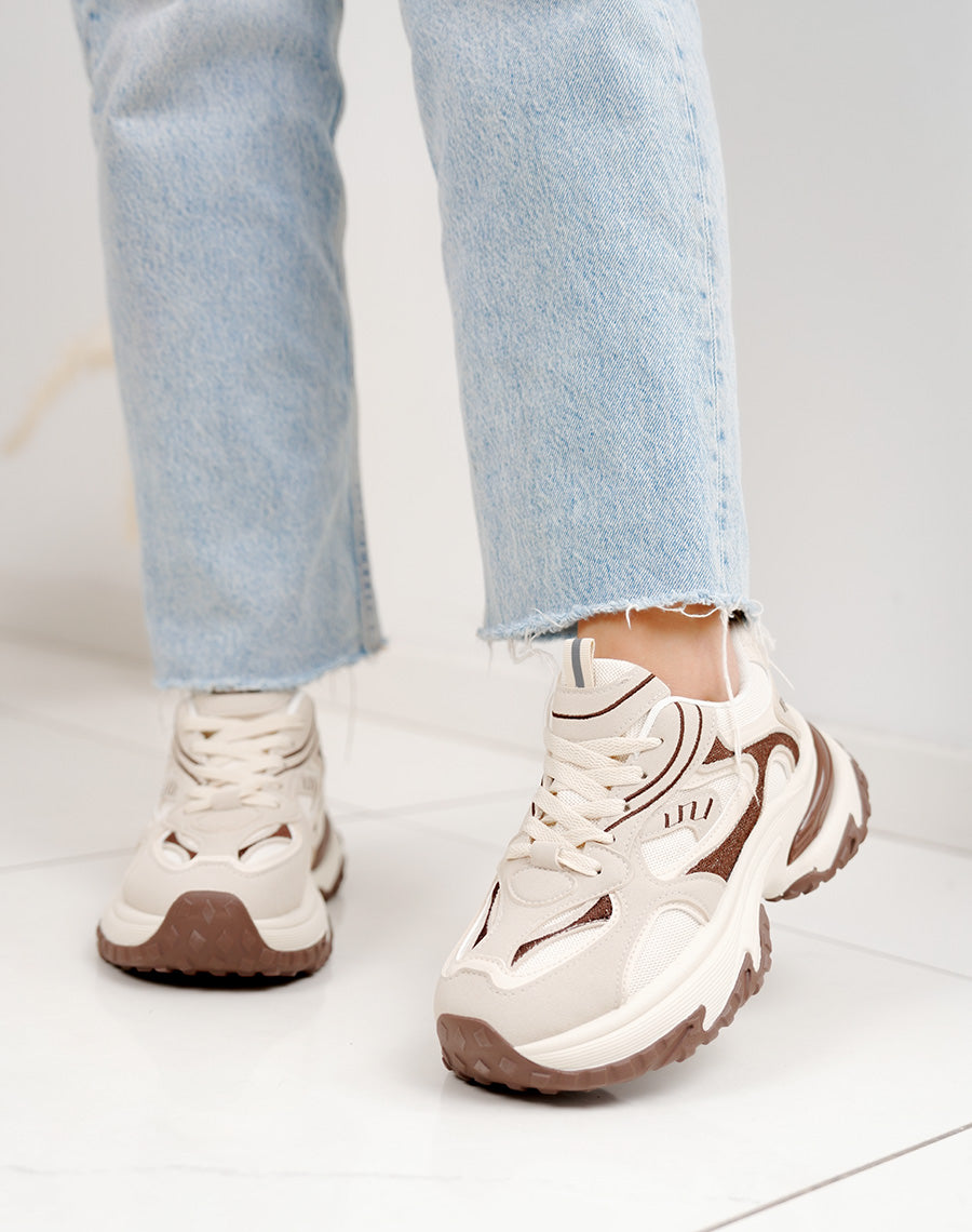 Baskets épaisses beige et marron femme – Semelle crantée et plateforme