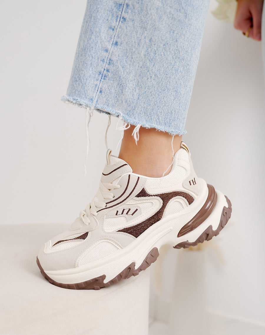 Baskets épaisses beige et marron femme – Semelle crantée et plateforme