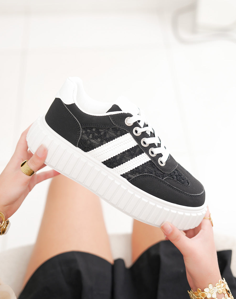 Basket femme noire tendance à plateforme blanche et broderies élégantes