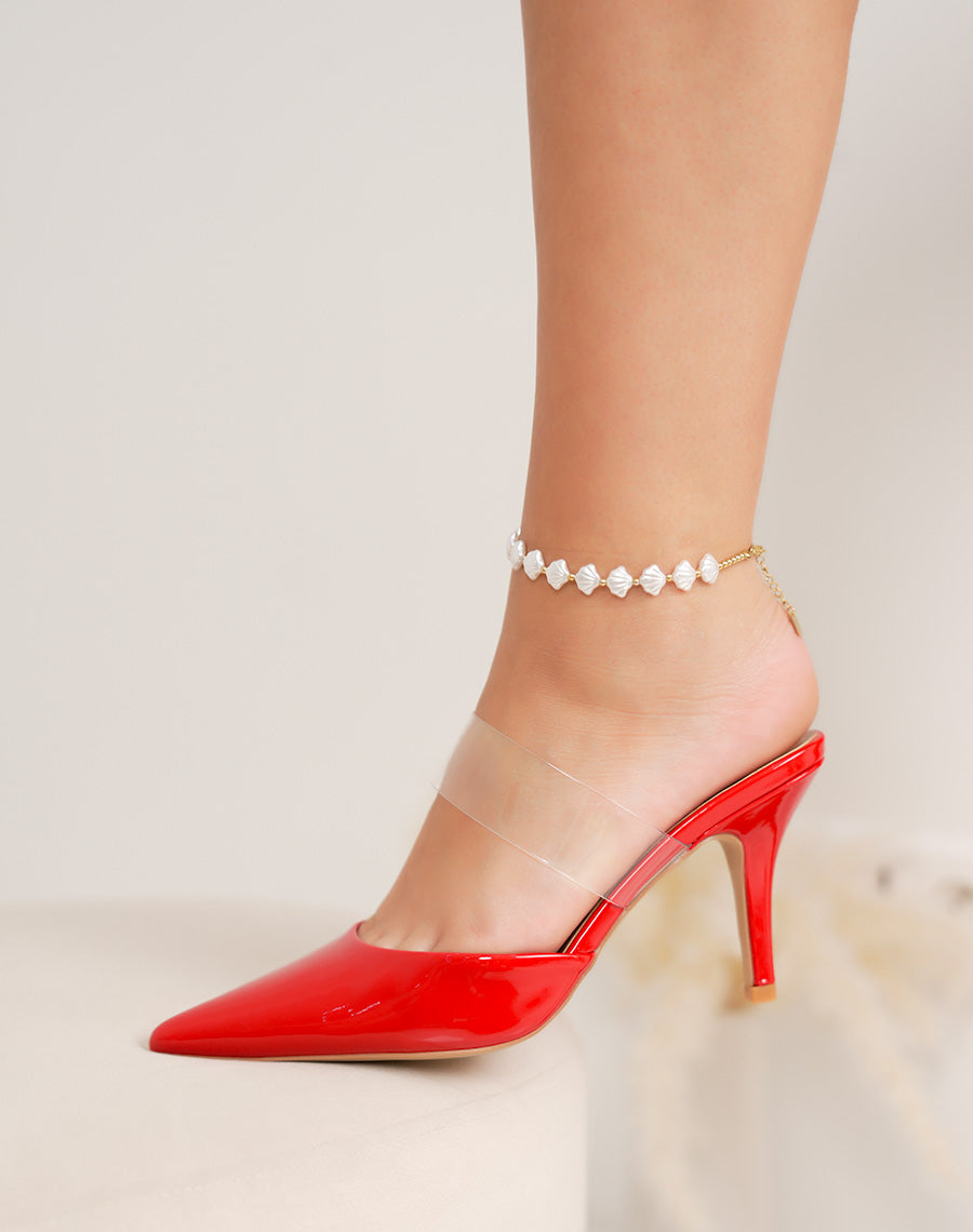 Escarpins femme rouges à bout pointu – talon aiguille de 10 cm et lanière transparente chic