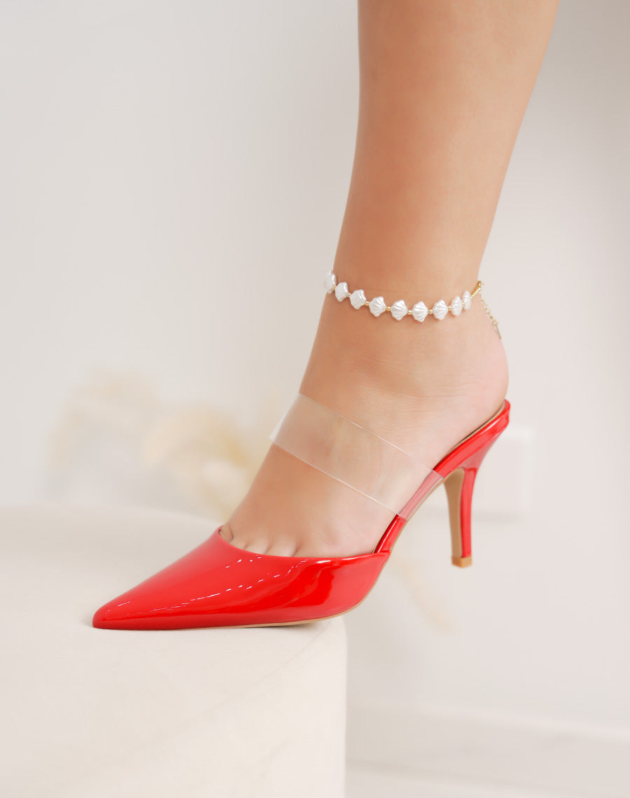 Escarpins femme rouges à bout pointu – talon aiguille de 10 cm et lanière transparente chic