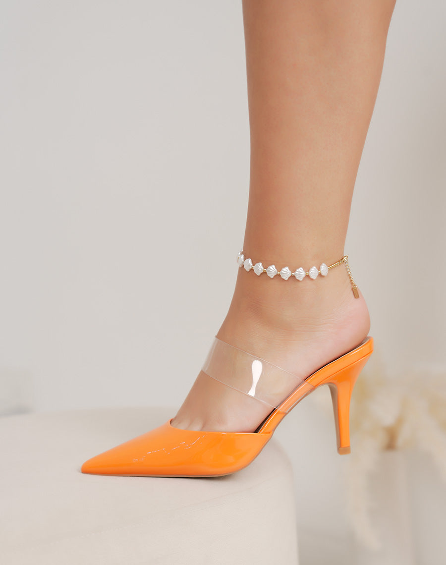 Escarpins femme orange à bout pointu – vernis brillant, lanière transparente