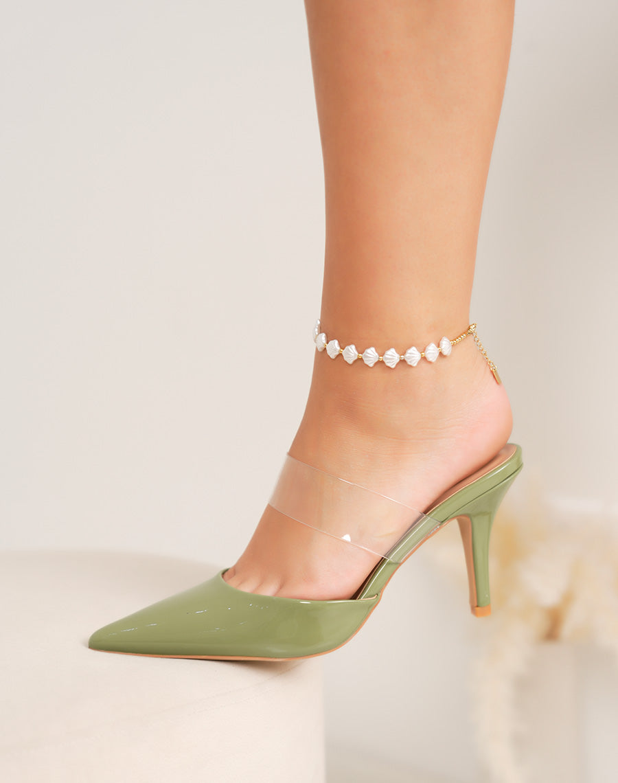 Escarpins femme verts à bout pointu – vernis tendance, lanière transparente et talon 10 cm