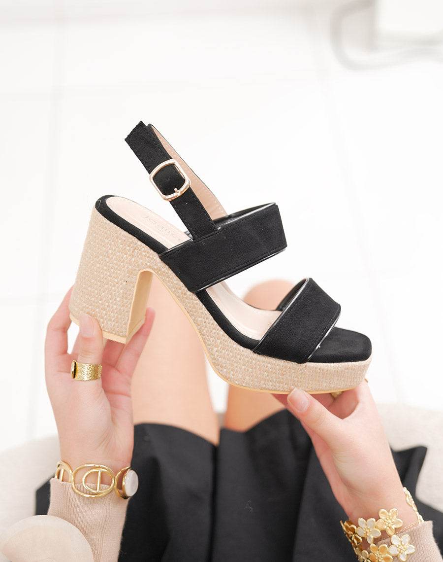 Sandale femme noire en suédine à talon et plateforme en osier