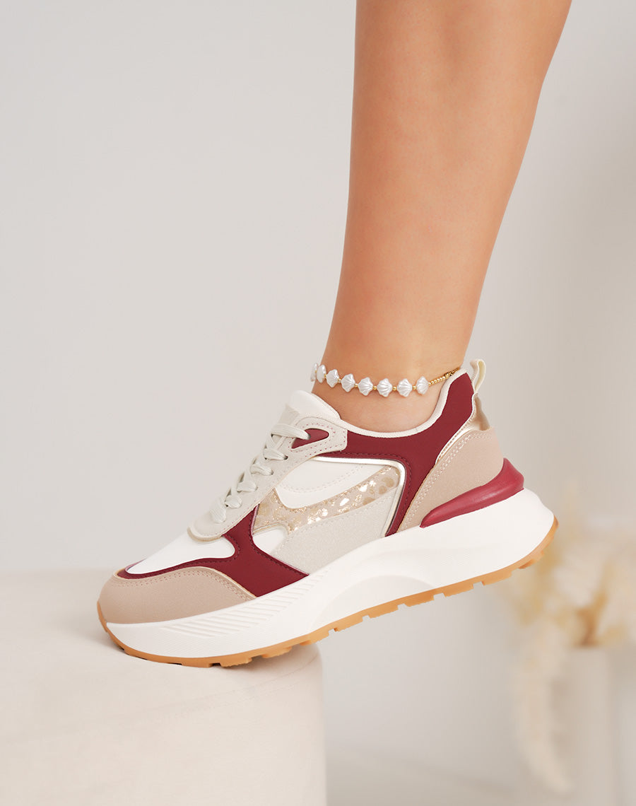 Basket femme beige épaisse tendance avec empiècements bordeaux et léopard brillant