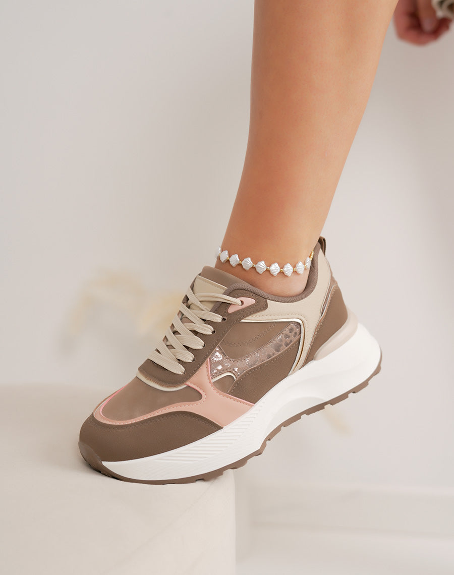 Basket femme taupe épaisse tendance avec détails rose et léopard brillant